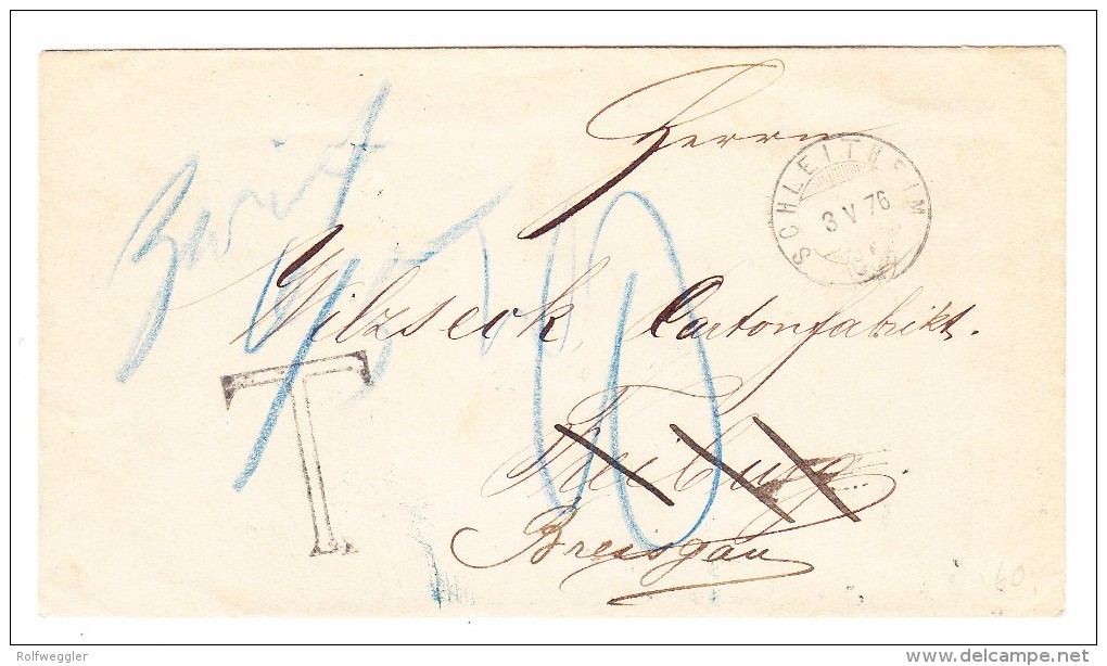 Heimat SH Schleitheim 03.05.1876 Auf Taxiertem Brief Nach Freiburg D - Marcophilie