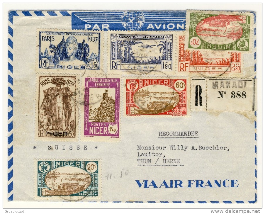 Niger, Spettacolare Raccomandata Da Maradi A Thun Spedita 2-1-1942 Con 8 Diversi Bolli, Per Totale Fr 9,70 - Briefe U. Dokumente