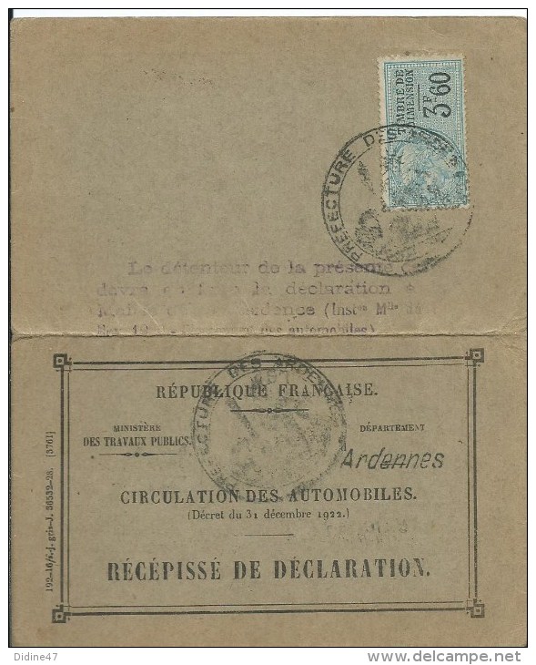 TIMBRES FISCAUX Sur Récépissé De Déclaration De Véhicule Automobile 1930 (carte Grise) - Autres & Non Classés