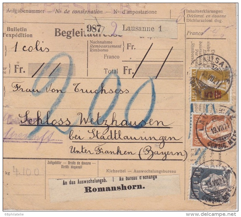 SUISSE 1921 RECEPISSE COLIS POSTAL DE LAUSANNE POUR LA BAVIERE - Briefe U. Dokumente