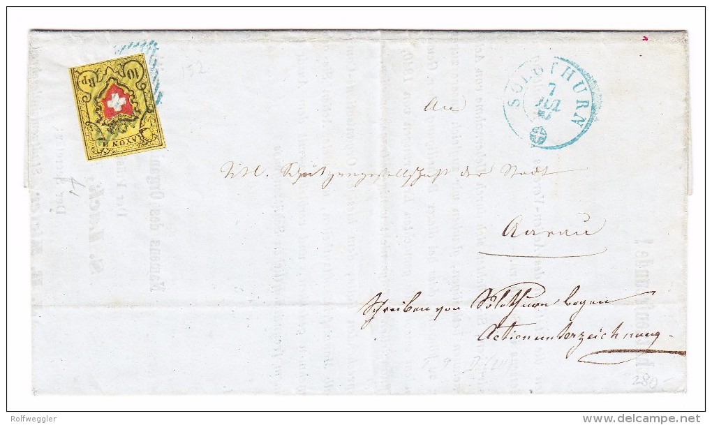 Heimat SO Solothurn 07.07 Blau 10Rp. Rayon Blaue Raute Auf Brief Nach Aarau Mit Blauem AK-Stempel Aarau Im Kasten - 1843-1852 Federal & Cantonal Stamps