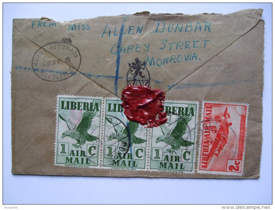 LIBERIA 1939 REGISTERED COVER FROM MONROVIA TO MANCHESTER WITH REGISTERED PLYMOUTH TRANSIT MARK - Liberia