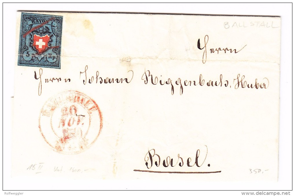 Heimat SO Ballstall (Balsthal) 20.11. ? 2 Kreis Rot 5Rp. Rayon #15II Brief Nach Basel - 1843-1852 Federal & Cantonal Stamps