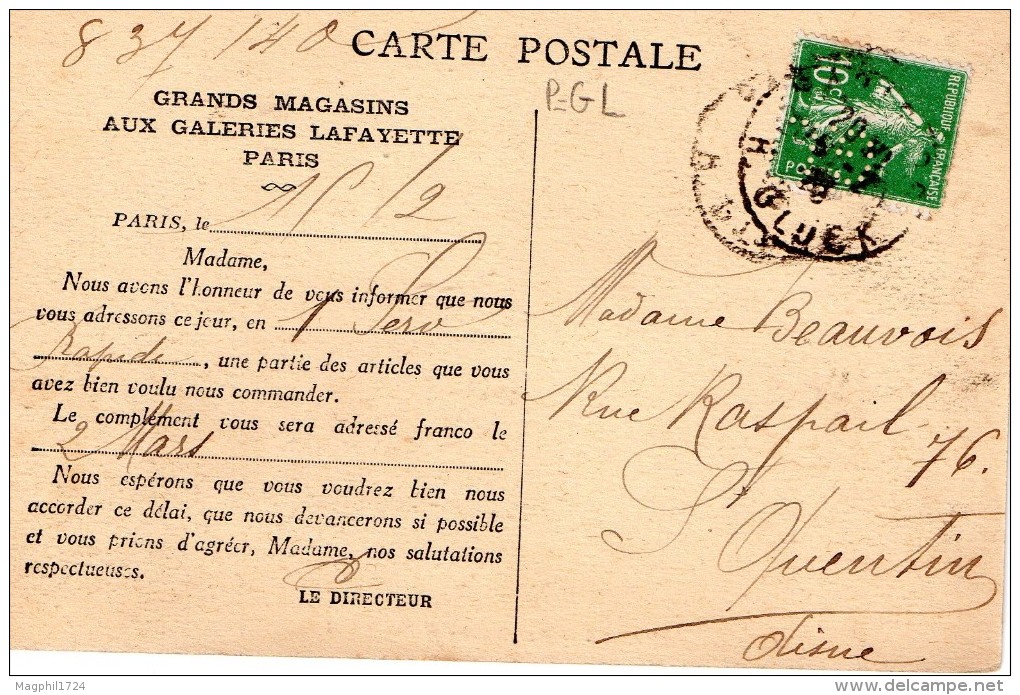 Carte Postale   Avec Timbre Perf.. G.l  (galeries  Lafayette) - Perforés