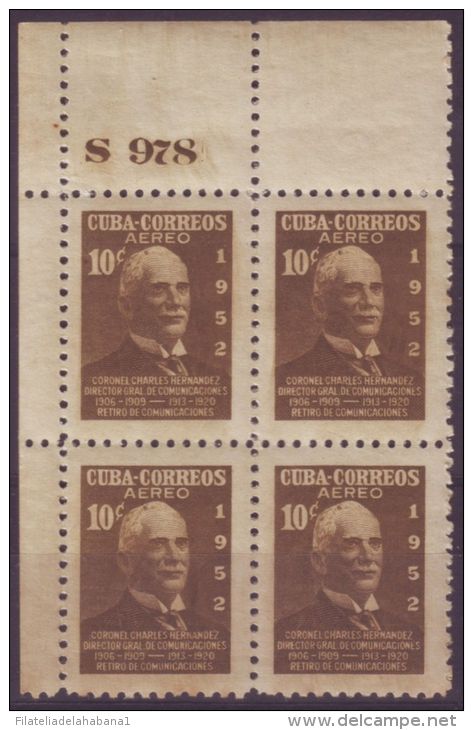 1952-195 CUBA. REPUBLICA. 1952. Ed.513. 10c. CH HERNANDEZ  BLOCK 4 No. PLATE 978. MNH - Oblitérés