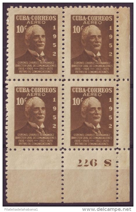 1952-196 CUBA. REPUBLICA. 1952. Ed.513. 10c. CH HERNANDEZ  BLOCK 4 No. PLATE 977. MNH - Oblitérés