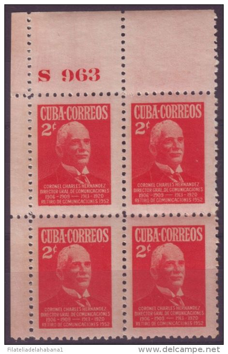 1952-199 CUBA. REPUBLICA. 1952. Ed.506. 2c. CH HERNANDEZ BLOCK 4 No. PLATE 963. MNH - Oblitérés