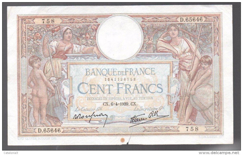 FRANCIA - FRANCE = 100 Francs 1939 Pequeña Rotura  P-94 - 100 F 1908-1939 ''Luc Olivier Merson''