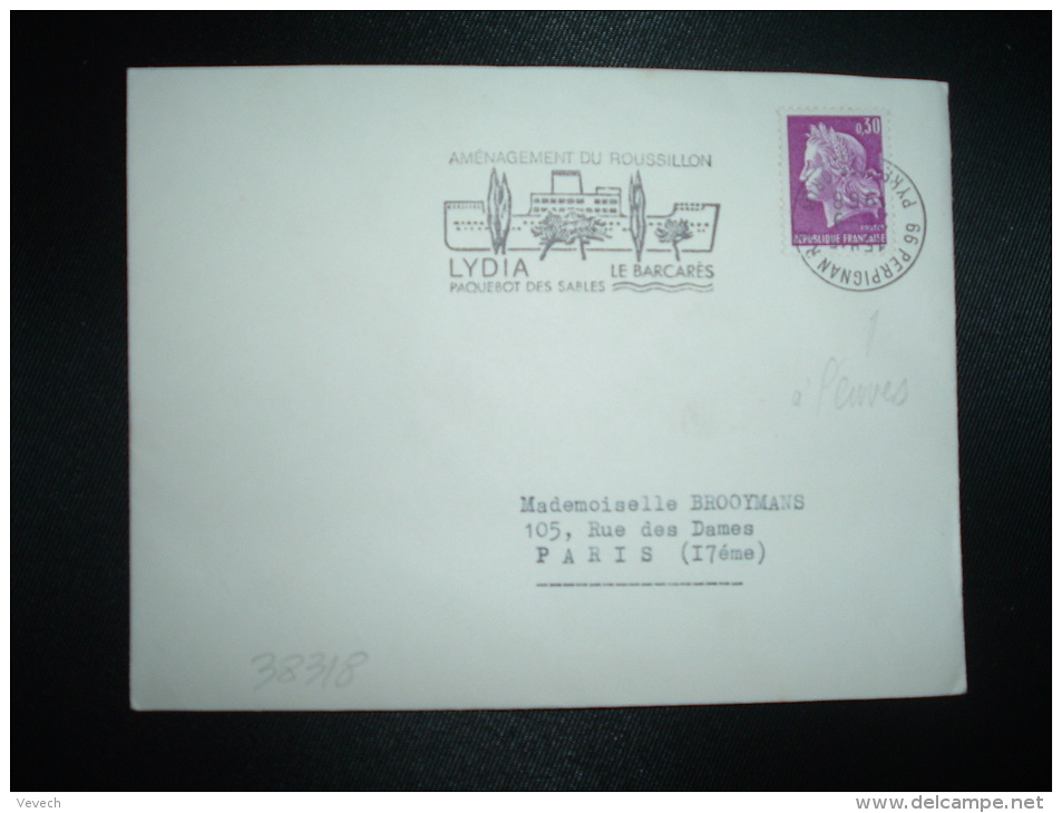 LETTRE TP MARIANNE DE CHEFFER 0,30 OBL.MEC. VARIETE 26-9-1968 PERPIGNAN RP (66 PYRENEES ORIENTALES) - 1967-1970 Marianna Di Cheffer