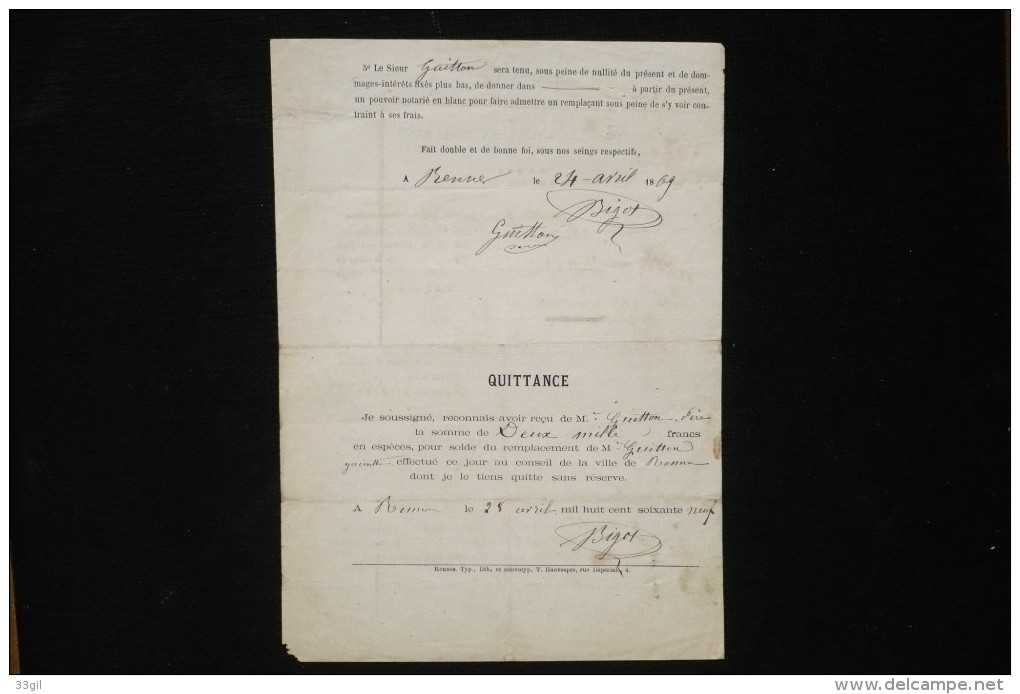 Traité De Remplacement Militaire Rennes Bretagne 1869 (on Pouvait Payer Une Personne Pour Aller à L´armée à Sa Place !!) - Historical Documents