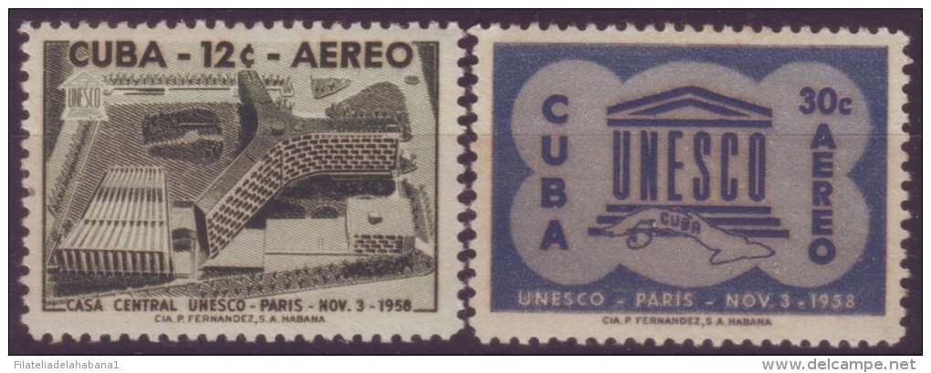 1958-160 CUBA. REPUBLICA. 1958. Ed. 775-76. INAUGURACION DEL PALACIO DE LA UNESCO. NU. ONU. MANCHAS - Oblitérés