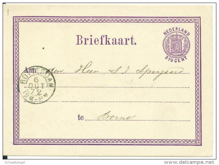 Nederland, Briefkaart	Rotterdam Naar Borne, 1872			151109 - Postwaardestukken