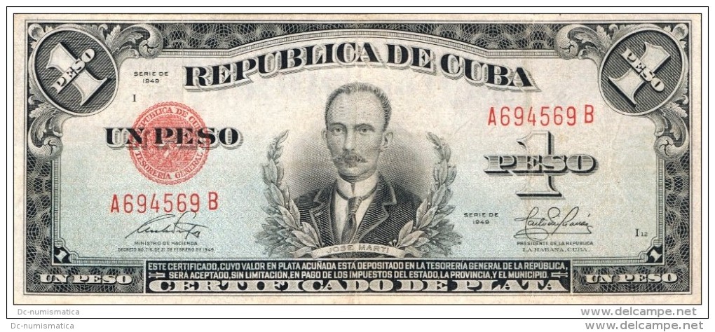 1949 - 1 PESO # A694569B  - RARE - " LA REPUBLICA " ESCARCE  ( SCARCE ) - Cuba