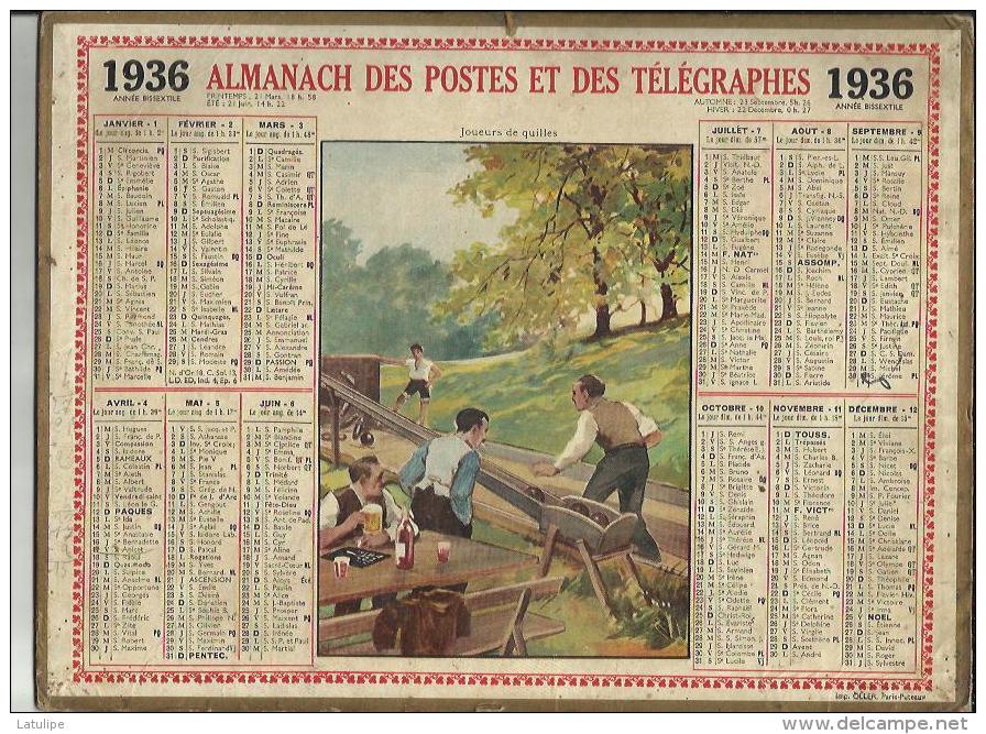 Calendrier Des Postes G-F  Des Pyrenées Orientales 66 De 1936 ( Les Joueurs De Quilles ) - - Big : 1921-40