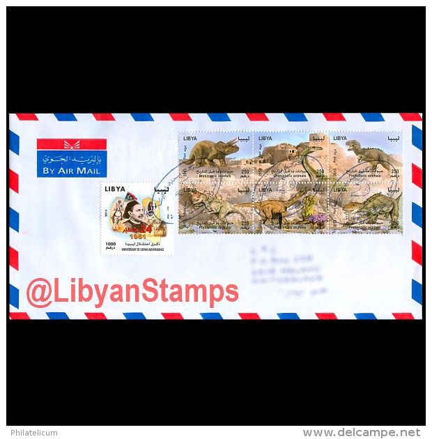 LIBYA 2013 Dinosaurs Fossils King Idris Omar Mukhtar (Travelled Cover) - Libye