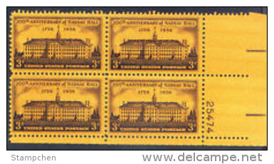 Plate Block -1956 USA Princeton's Nassau Hall 200th Anniv. Stamp Sc#1083 Architecture University - Plate Blocks & Sheetlets