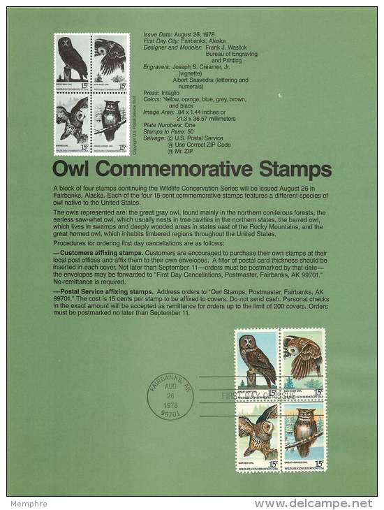 1978  Owls - Block Of 4 Different - Souvenir Sheet  Sc 1760-1763 - 1971-1980