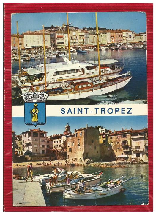 SAINT TROPEZ  - Dépt 83  -  Multivues  : Le Port Des Yachts &amp; Le Port Des Pêcheurs "la Pouncho" - Blason - CPSM - Saint-Tropez