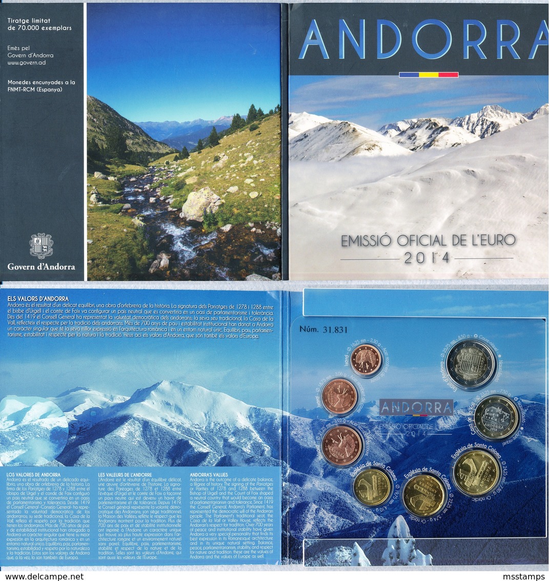 NEGOTIABLE ANDORRA KMS UFFICIAL MINT ORIGINAL EURO 2014 1 Cent 2 Euro 8 Coins Serie Divisionale Set Ufficiale Zecca - Andorra