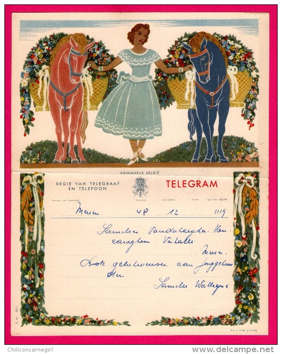 Télégramme Illustré - Royaume De Belgique - Régie Des Télégraphes Et Téléphones - Menen 1952 - JUL & NINA LEFEVRE - Telegrams