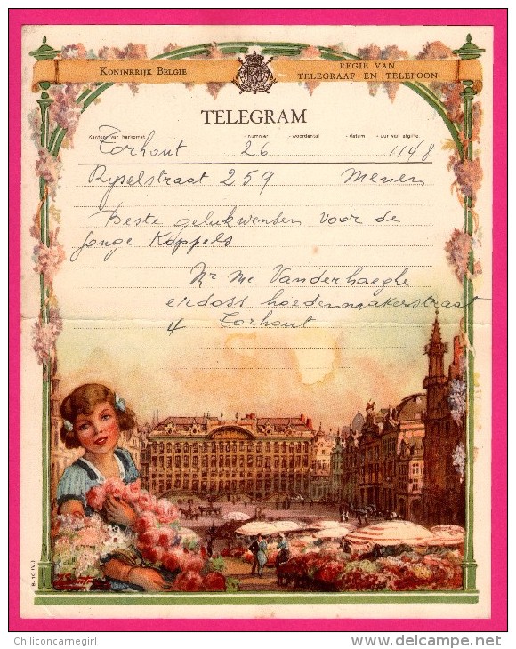 Télégramme Illustré - Royaume De Belgique - Régie Des Télégraphes Et Téléphones - Menen 1952 - SENTREIG ? - Fleurs - Telegrams