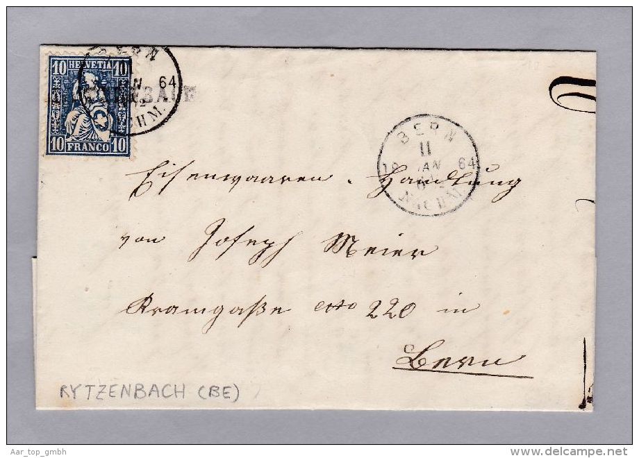 Heimat BE RYTZENBACH 1864-01-18 Langstempel Brief Nach Bern Mit 10Rp Blau Sitzende - Cartas & Documentos