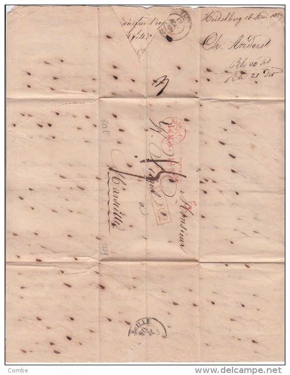 1839 LETTRE HEIDELBERG Pour MARSEILLE. ENTRÉE BADE STRASB 1. GRIFFES HEIDELBERG, 5, BADE R. 2;  TAXE PLUME 15  /  606 - Entry Postmarks