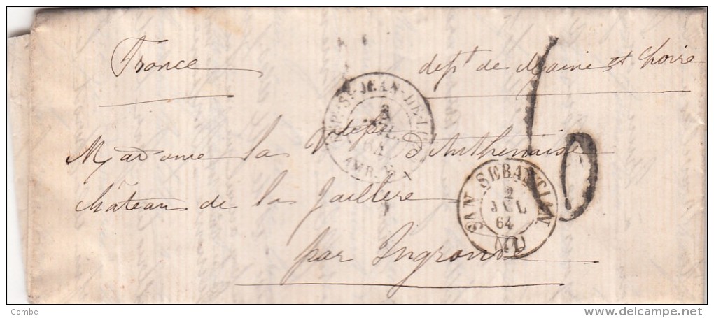 LETTRE 1864 SAN SEBASTIEN ESPAGNE Pour CHATEAU JAILLERE MAINE ET LOIRE ENTRÉE ESP.ST JEAN-DE-LUZ TAXE TAMPON 6  /  5603 - 1849-1876: Periodo Classico