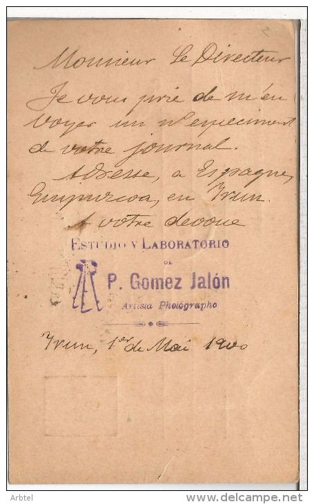 ENTERO POSTAL ALFONSO XIII MAT IRUN A BELGICA 1900 TAMPON DE UN FOTOGRAFO - Lettres & Documents