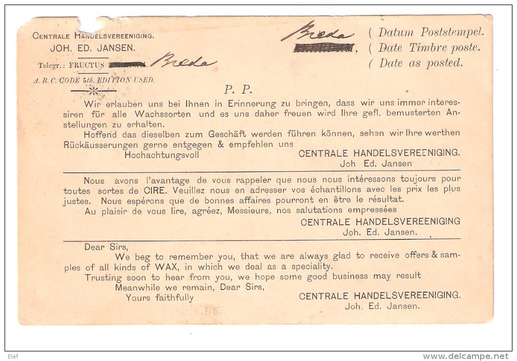 NEDERLAND / Pays Bas / Netherlands Carte De BREDA,Centrale Handelsvereeniging > Compagnie Occidentale MAJUNGA Madagascar - Brieven En Documenten