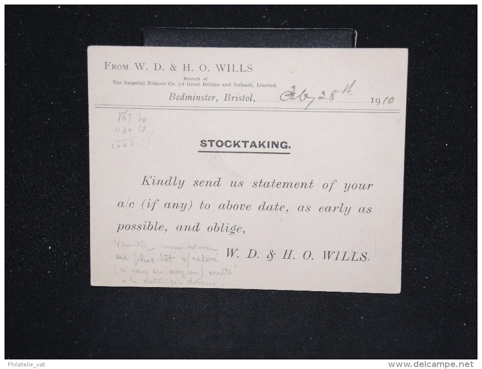 GRANDE BRETAGNE - Perforé " WILLS " Sur Entier Commercial Pour La France En 1910 - A Voir - Lot P12522 - Perforés