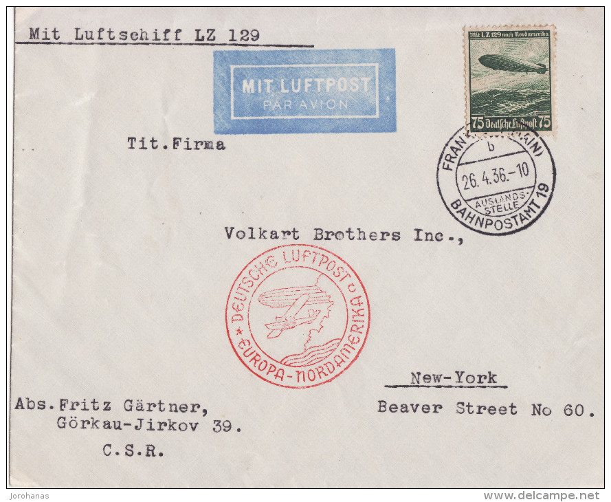 Zeppelin Post LZ 129 - Frankfurt Nach New York - 26 04 1936 - Mit Luftschiff LZ 129 - Lettres & Documents