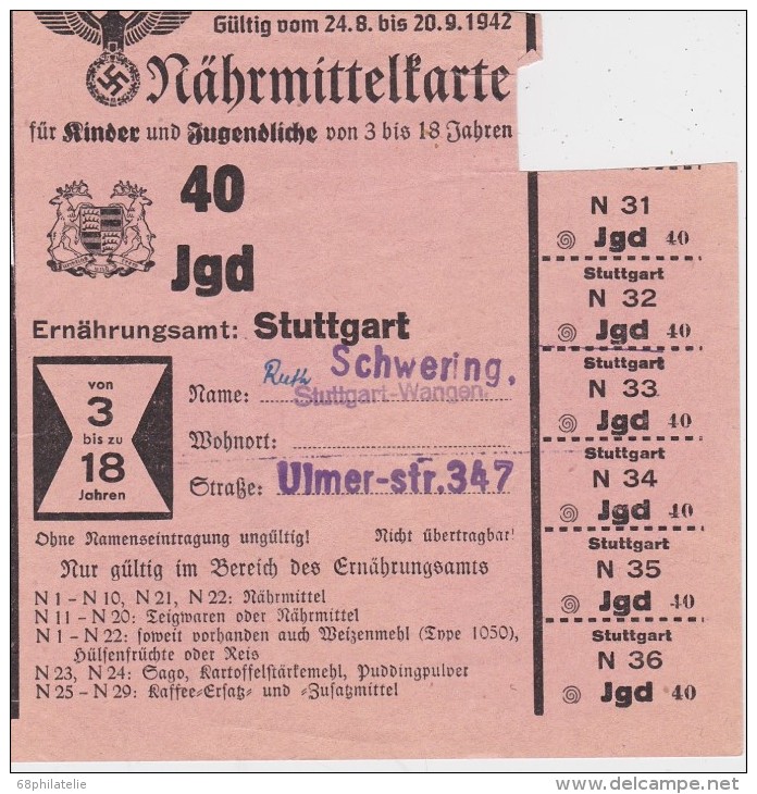 ALLEMAGNE 1942 TICKET DE RATIONNEMENT - Lettres & Documents