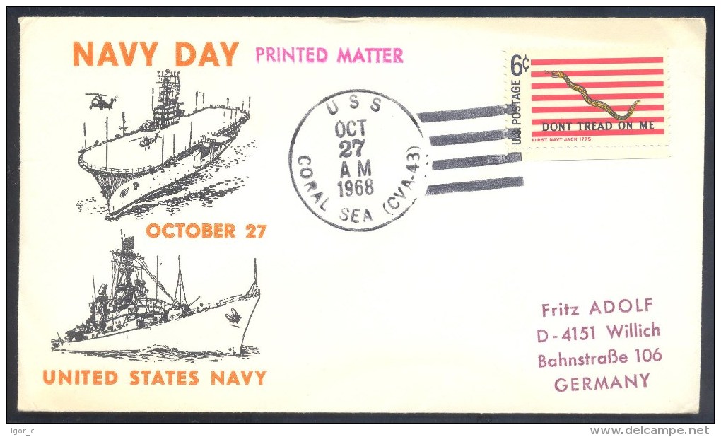 USA 1968 Cover: US NAVY U.S.S.  USS Coral Sea - Helicopters, Radar; Snake - Don't Trade On Me - Schiffe