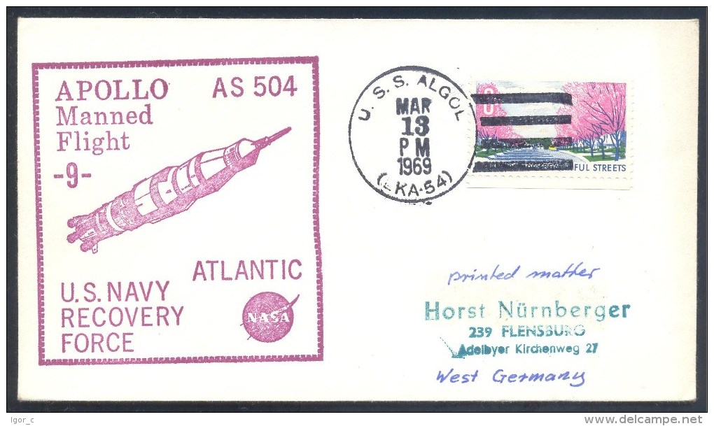 USA 1969 Cover: Space Weltraum: Nasa Apollo 9 US Navy Atlantic Recovery Force; USS Algol - Etats-Unis