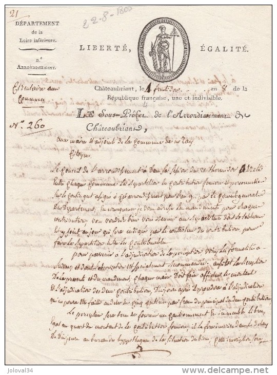 1 Fructidor An 8 - Manuscrit 2 Pages - Lettre Du Sous Préfet De CHATEAUBRIANT Au Maire De NOZAY Loire Inférieure - Documents Historiques