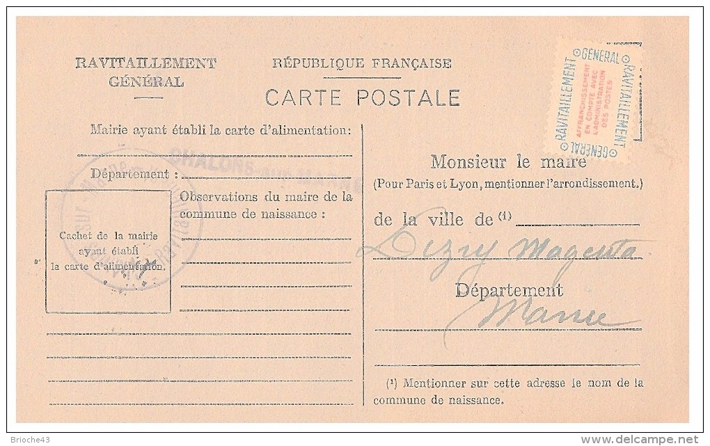 1946.MARNE Mairie De CHALON-SUR-MARNE. Carte De Ravitaillement Général. CP + Timbre Franchise.   / 18 - Guerra De 1939-45