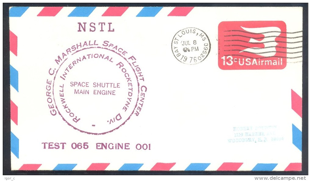 USA 1976 Air Mail Cover: George Marshall Space Flight Center Rockwell International Rocketdyne Div. Space Shuttle Engine - USA