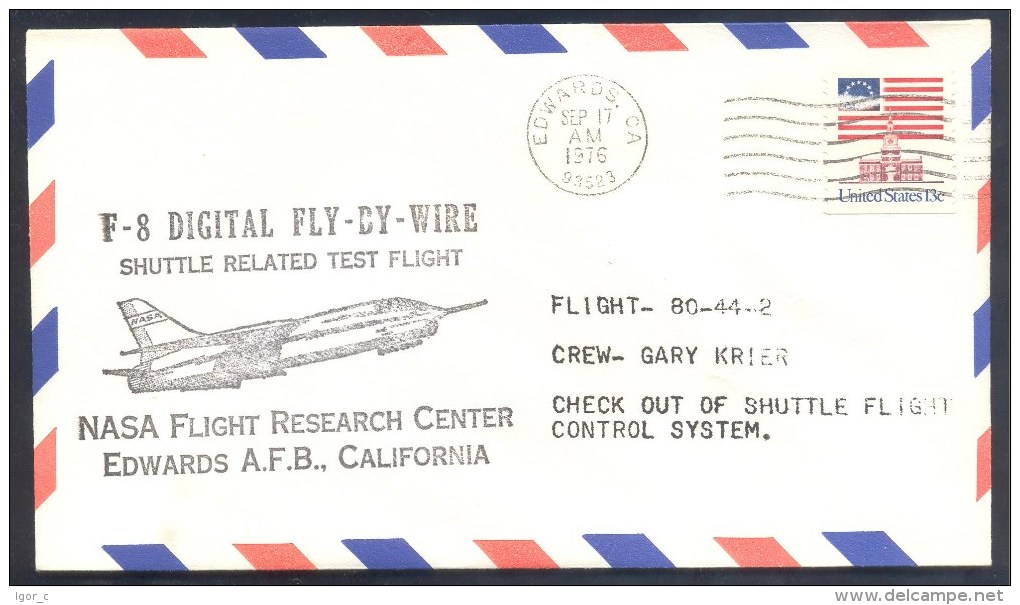 USA 1976 Air Mail Cover: F-8 Digital FLY-BY-WIRE Shuttle Related Test Flight; NASA Flight Research Center Edwards Califo - Etats-Unis