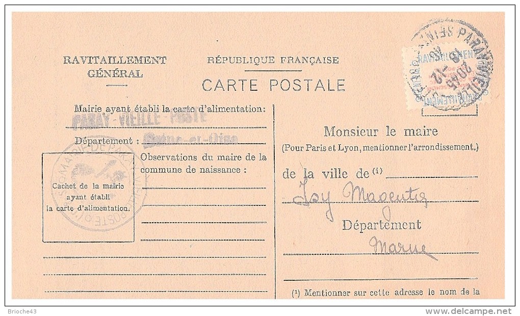 1946.SEINE-ET-OISE Mairie De PARAY-VIEILLE-POSTE. Carte De Ravitaillement Général. CP + Timbre Franchise.   / 39 - 1921-1960: Période Moderne