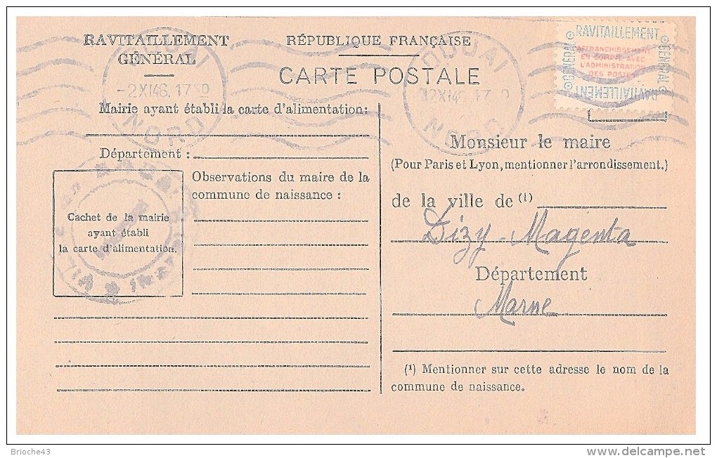 1946.NORD Mairie De DOUAI. Carte De Ravitaillement Général. CP + Timbre Franchise.   / 40 - 1921-1960: Période Moderne