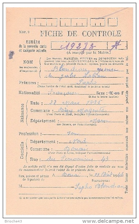 1946.NORD Mairie De DOUAI. Carte De Ravitaillement Général. CP + Timbre Franchise.   / 40 - 1921-1960: Période Moderne