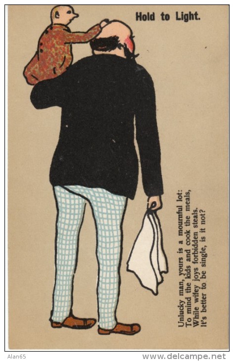 Hold To Light Man Holds Child, Hidden Image Wife Kisses Other Man, Cuckold Horns On Man, C1900s Vintage Postcard - Tegenlichtkaarten, Hold To Light