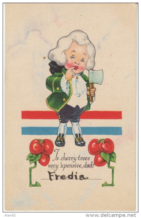 George Washington US President Humor 'Is Cherry Trees Expensive, Dad?', C1910s/20s Vintage Postcard - Presidents