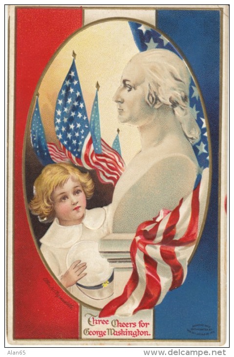 George Washington US President Clapsaddle Artist Signed 'Three Cheers For Washington', C1910s Vintage Embossed Postcard - Presidenten