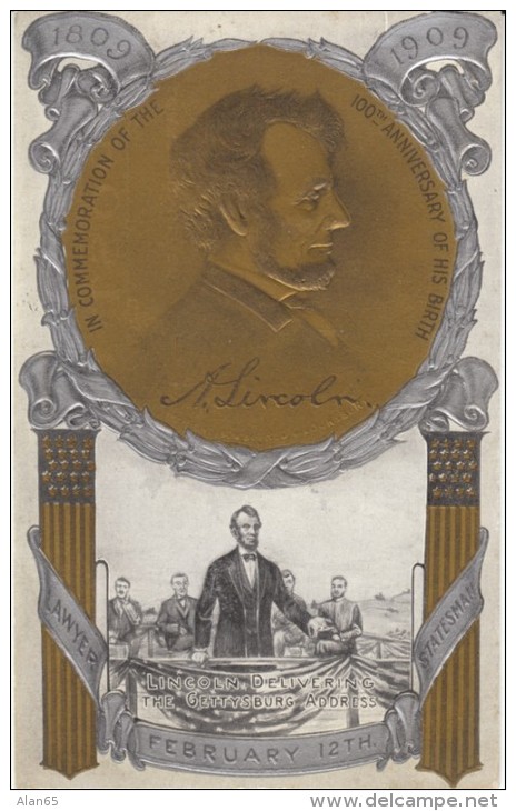 Lincoln US President, Centennial Of Birth 1809-1909 Delivering Gettysburg Address, C1900s Vintage Embossed Postcard - People