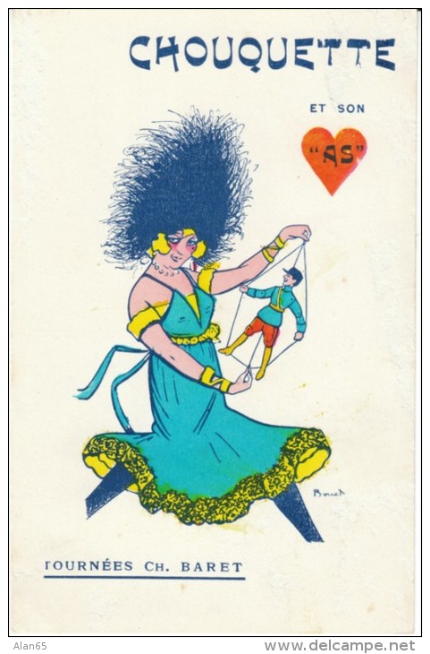 Woman With Puppet Doll, 'Chouquette Et Son As' Tournees Ch. Baret, Bouet Artist Signed,  C1920s Vintage Postcard - Games & Toys