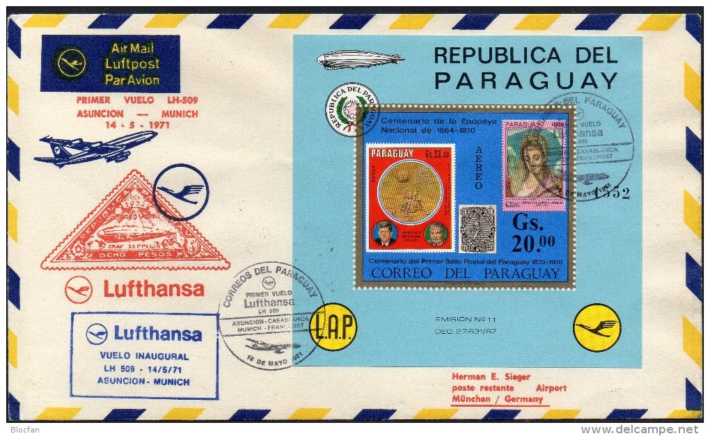 1.Lufthansa-Flug 1971 Nach Paraguay Block 166 Brief 84€ Stamp On Stamp #3,1706,2014 Bloc M/s Philatelic Sheet Bf America - Paraguay