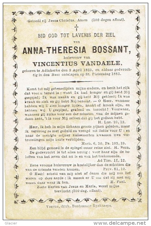 Doodsprentje Anna-Theresia BOSSANT- Vincentius Vandaele - Adinkerke 3 April 1823 - 29 Juni 1885 - Religione & Esoterismo