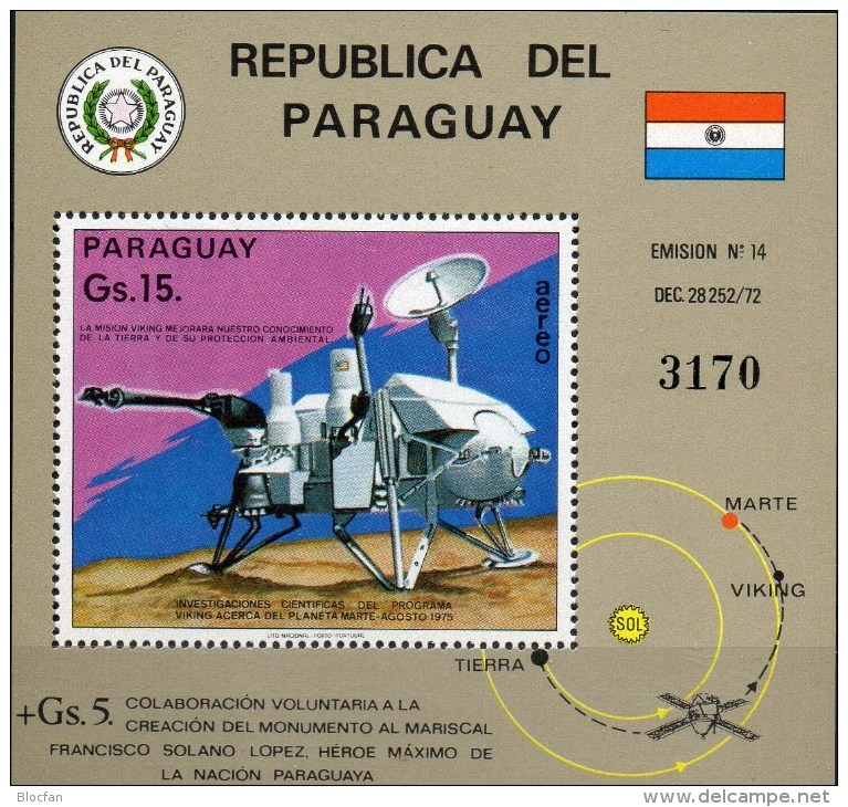 Mars-Sonde VIKING Paraguay Block 258 ** 20€ Raumschiff Flugbahn Sonne Erde Lande-Fähre Bloc Hb Ms Space Sheet Bf America - Paraguay